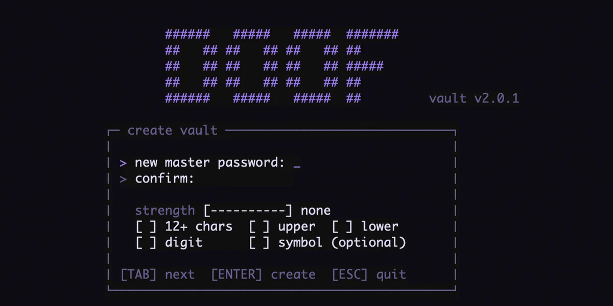 DOOF Vault create-vault screen in the terminal with a password strength checklist