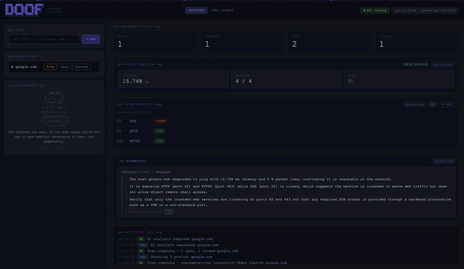 Network Health Monitor dashboard showing ping, port scan and AI diagnostic results